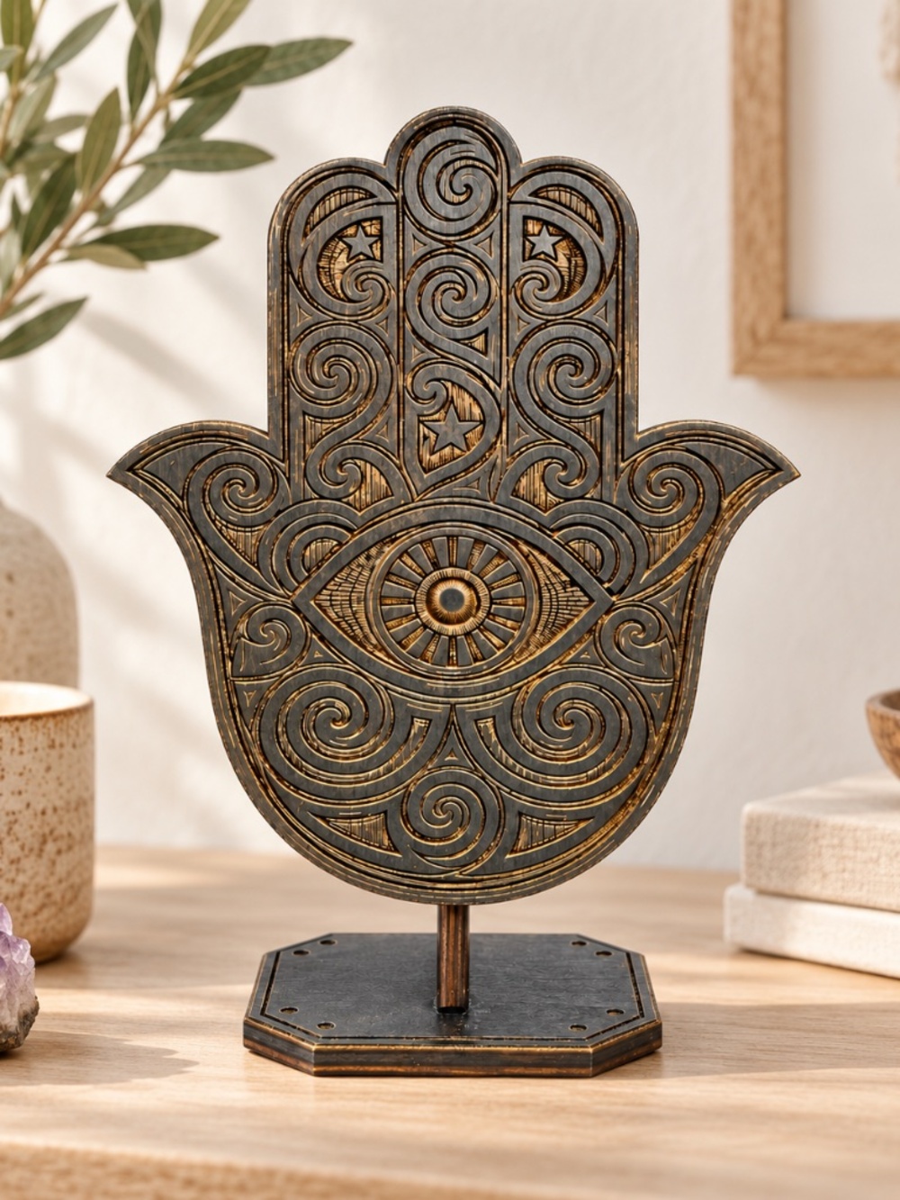 Layered Wooden Hamsa Hand Decor, Evil Eye Tabletop Display, Spiritual Home Accen